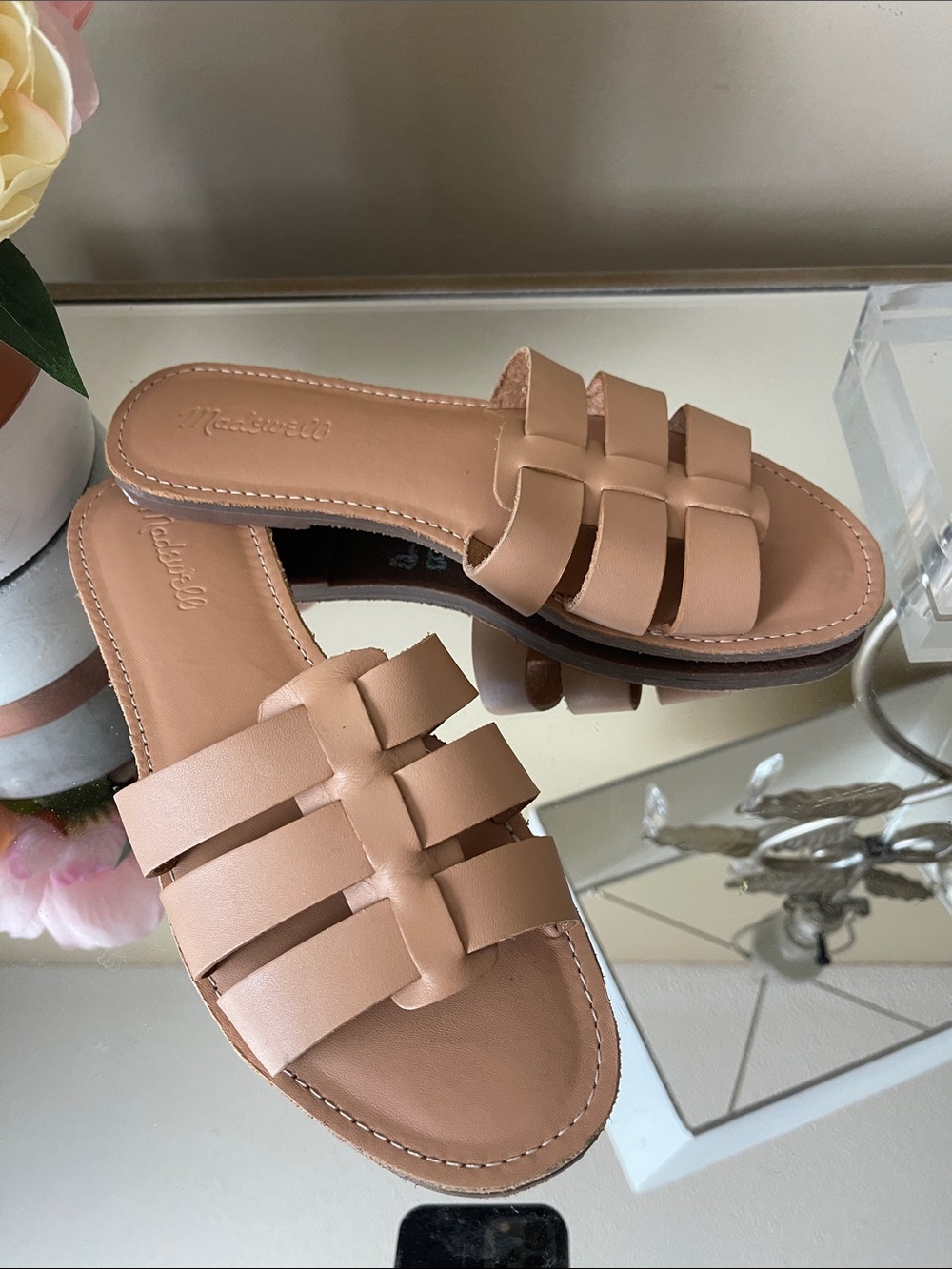 NEW Madewell Cognac Brown Leather Slide Sandals
